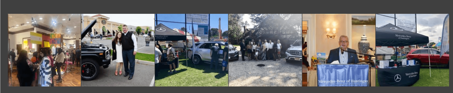 Six images representing community engagements, including car displays, group photos, and indoor events, by Mercedes-Benz of Huntington.